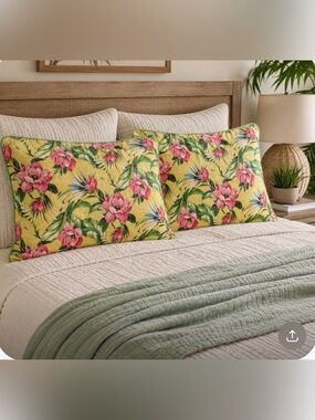 WAVERLY COTTON EURO PILLOW SHAMS FLORAL STRIPE TROPICAL BRIGHT COLORS Set of 2